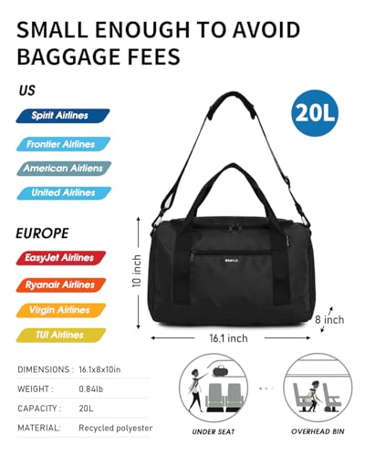 ECOHUB 16'' Personal Item Bag Mini Duffel with Shoulder Strap Small Travel Bags Underseat Carry on for United Airlines Gym for Women and Men (Black)