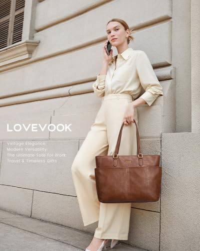 LOVEVOOK Work Tote Bags for Women, Vintage Leather 15.6 Inch Laptop Bag with Large Cup Holder, Teacher Nurse Medical Professional Computer Bag, Office Briefcase Handbag Gift