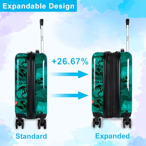 5-Piece Kids Luggage Set for Boys – Cool Hardshell Suitcase with 360° Spinner Wheels, Lightweight Airline-Approved Carry-On (16") for Travel, Dinosaur Green