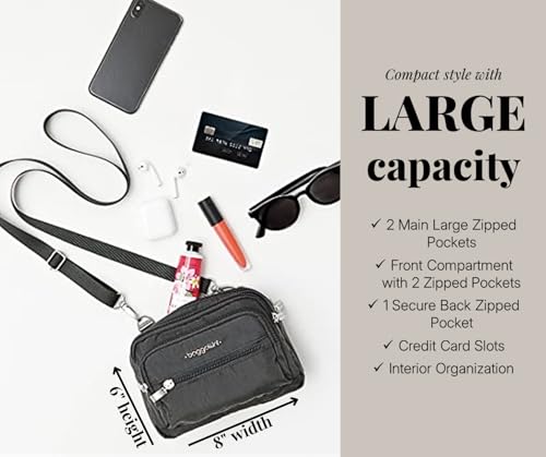 Baggallini Triple Zip Small Crossbody Bag for Women - 8x6 inch Convertible Fanny Pack Belt Bag - Lightweight Water-resistant