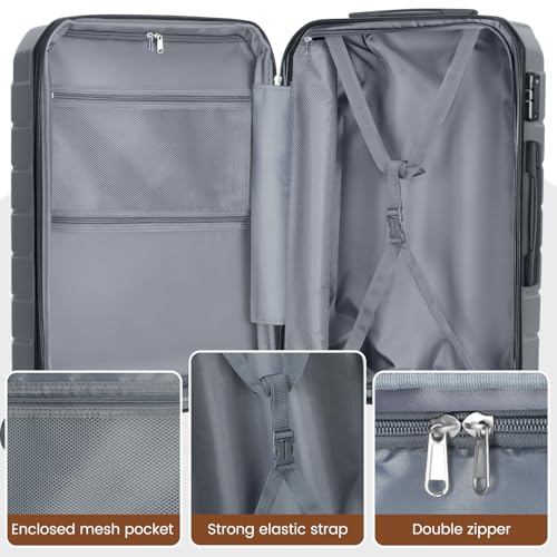 ExoRoute Luggage Sets 3 Piece, Hardside Carry On Suitcase with Spinner Wheels, Lightweight Durable Luggage for Travel | TSA Lock, Expandable Suitcase Set for Men and Women（20/26in） (Grey)