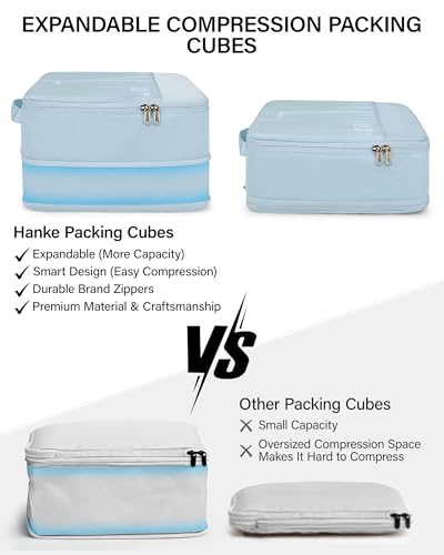 Hanke 7 Piece Expandable Compression Packing Cubes, Premium Travel Packing Organizers for Suitcases/Carry On, Luggage Organizer Bags with Breathable Mesh & Label,Light Blue