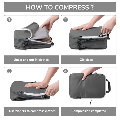 CherryNow Compression Packing Cubes, 7 Set Packing Cubes Compression, Travel Essentials, Travel Organizer for Shoes, Clothing, Grey