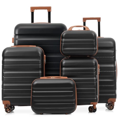 Merax Luggage Set 6 Piece, Hardshell ABS Suitcases with 8 Silent Spinner Wheels, Durable and Lightweight Travel Luggage for Family Trips, Black Brown