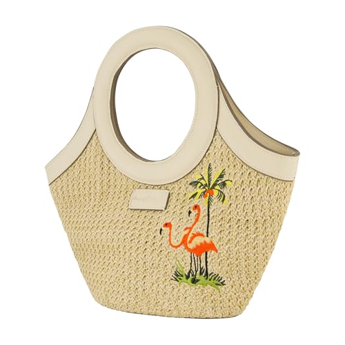 Tommy Bahama Tote Bag, Women's Travel Handbag with Adjustable Shoulder Strap, Embroidered Flamingo and Palm Tree Design, Cream, One Size