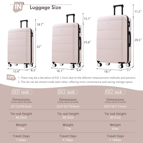 Merax Luggage Sets,ABS Durable Hardcase Suitcase Double Wheels 3 Piece Carry on Suitcase Airline Approved,Light Pink