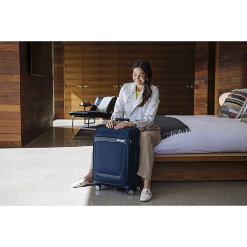 Samsonite Elevation Plus Carry-On Luggage - Airline Approved Softside Suitcase - 360 Spinner Wheels - Integrated ID Tag - Quick-Access Stash Pocket - Wet Pocket - AirTag™ Holder - Midnight Blue