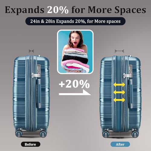 TRAVELEO 4 Piece Luggage Set PP Hardshell, Expandable Suitcase Set (20/24/28) with 14" Cosmetic Case, Lightweight Spinner Wheels with TSA Lock, Detachable Wheels for Nesting Storage (Peacock Blue)