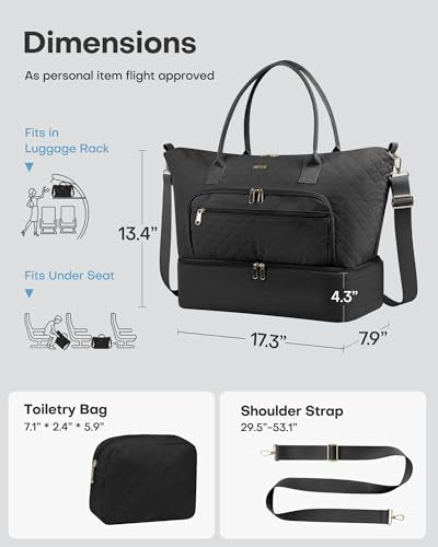 HOTOR Travel Duffle Bag for Women - Carry on Bag with Toiletry Pouch & Shoe Compartment, Large Overnight Weekender Bags for Gym, Business Trips, Sports and Hospital, Black, 17.3" x 7.9" x 13.4"
