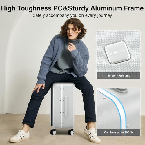 Hanke 24 Inch Checked Luggage with Cup Holder and USB Ports,Top Opening Hard Shell Suitcase with Wheels,Aluminum Frame Trunk Luggage with Foldable Dividers & TSA Lock for Travel, Smoke White