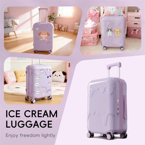 ROAMING 20-Inch Purple Carry On Luggage Airline Approved Lightweight PC Hardside Rolling Suitcase with TSA Lock Cup Holder USB Charging Port and Spinner Wheels for Women Ice cream suitcase