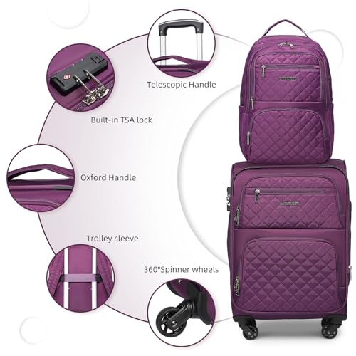LARVENDER Softside Carry On Luggage 4 Piece, Expandable Carry On Luggage 22x14x9 Airline Approved Underseat Suitcase with Spinner Wheels TSA Lock, Purple (16/20/BP/TB)