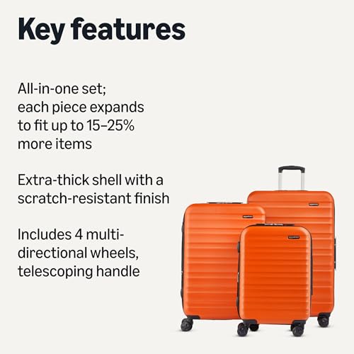 Amazon Basics 3-Piece Hardshell Spinner Luggage Set (21", 26", 30"), Expandable, Scratch-Resistant Surface, Four Multi-directional Wheels, Orange