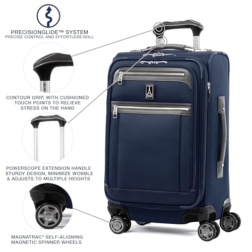 Travelpro Platinum Elite Softside Expandable Carry on Luggage, 8 Wheel Spinner Suitcase, USB Port, Suiter, Men and Women, Dark Blue, Carry On 21-Inch