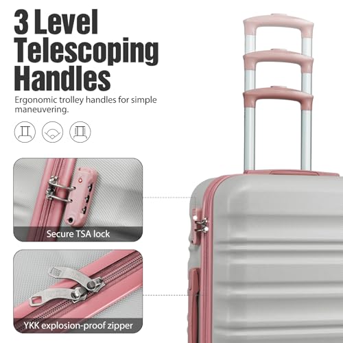 LONG VACATION 6 Piece Luggage Set Carry on Suitcase with ABS+PC hardshell, Spinner Wheels & YKK Zipper TSA Lock (GREY-PINK, 6 piece set)