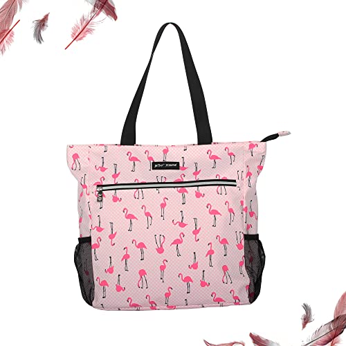 Betsey Johnson 15.6 Inch Zipper Beach Tote Bag Lightweight Large Durable Polyester with Mesh Side Pockets for Gym Work, Flamingo Strut