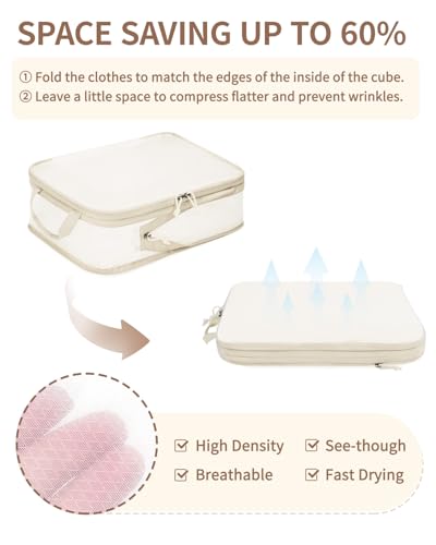 ECOHUB 6 Set Compression Packing Cubes, Lightweight Beach Vacation Travel Essentials Durable Travel Accessories for Suitcase Carry On Luggage Organizer Bags with YKK Zippers Shoe Bag, Beige