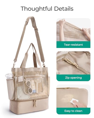 BAGSMART Beach Bag for Women, Mesh Tote Bags with Zipper, Sandproof Vacation Essentials with Cooler for Swim Cruise Pool, Green