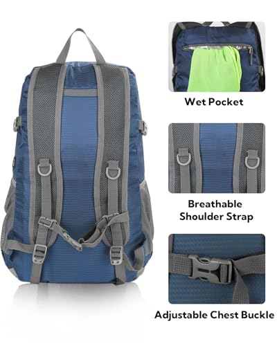 WATERFLY Lightweight Packable Hiking Backpack: 30L Foldable Travel Daypack Ultralight Camping Day Pack for Woman Man