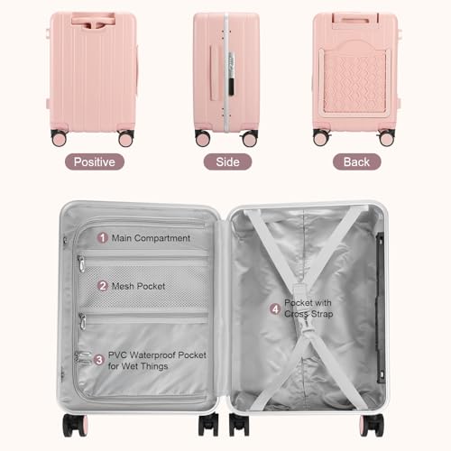MRPLUM Carry On Luggage Double Handle Suitcase with Net Pocket,Hard Shell Spinner Wheels Luggage with TSA Lock&Seat Belt,20 inch,Pink
