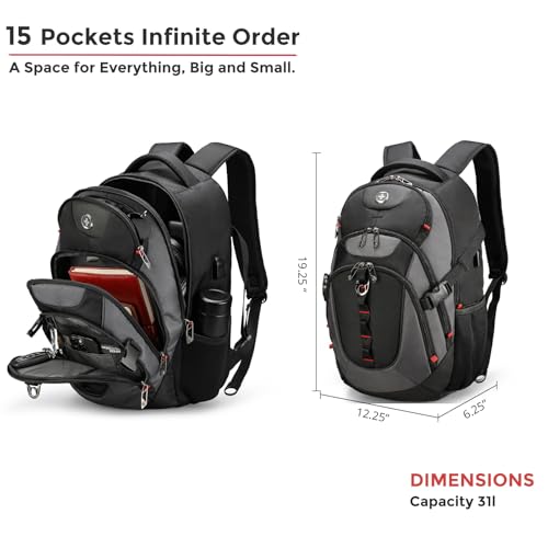 Swissdigital Design Laptop Backpack with USB Charging Port, Travel Backpack Fits 15.6 inches Computer, 31L College School Backpack for Men, Black/Grey | SD803-02