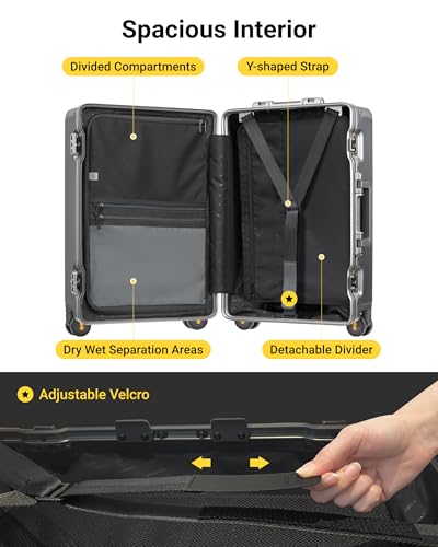 LEVEL8 Zipperless Checked Luggage with Aluminum Frame, Upgraded Medium Hardside Suitcase with Spinner Wheels, Metal Travel Luggage with Double Tsa Locks, 24 Inch, Grey