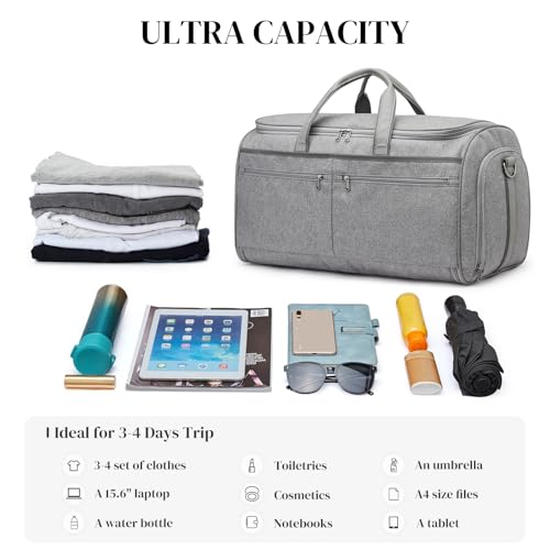 S-ZONE 50L Convertible Travel Garment Bag Carry on Garment Duffel Bag for Men Women 2 in 1 Hanging Suitcase Suit Business Travel Bag, Grey, Travel Garment Bag