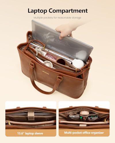 LOVEVOOK Laptop Tote Bag for Women, 15.6 Inch Vintage PU Leather Work Bag with Wristlet, Professional Computer Briefcase for Teacher,Office, Daily (Brown)