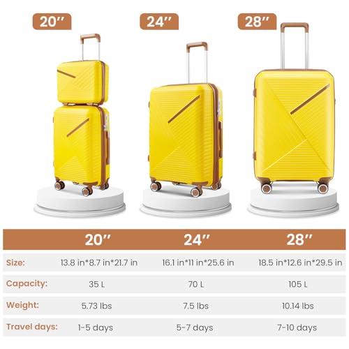 Merax Luggage Set of 4, Expandable Lightweight Suitcase with 4 Double 360 Degrees Mute Spinner Wheels and TSA Lock, PP Materials, 14”20”24”28”, Yellow