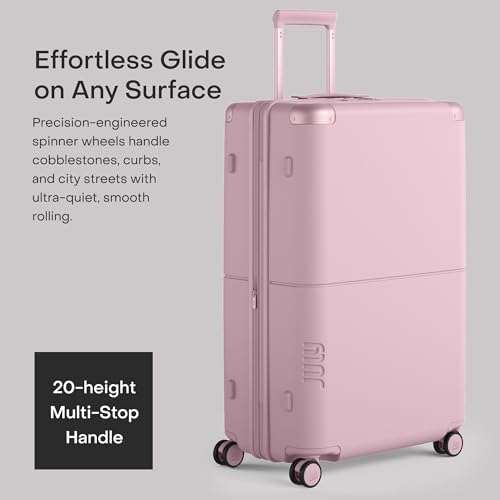 July Checked Plus Expandable - 28.75" Airline Approved Check In Luggage with Wheels, Rolling Suitcase for Men & Women - TSA Lock, Silent Spinner Wheels, Expansion Zip, Y-Strap - Blush Pink