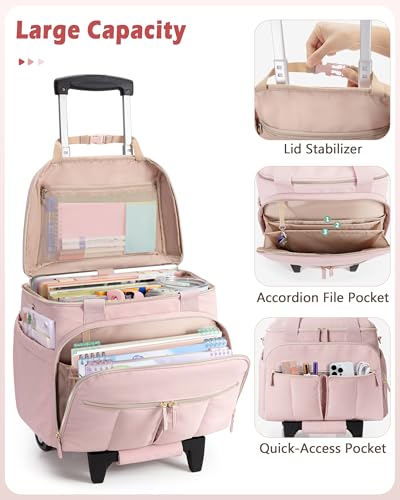 Marscamd Rolling Teacher Bag with Accordion File Organizer & 15.6" Laptop Compartment, Wheeled Work Briefcase Tote with Detachable Trolley & Crossbody Strap for Women, Pink