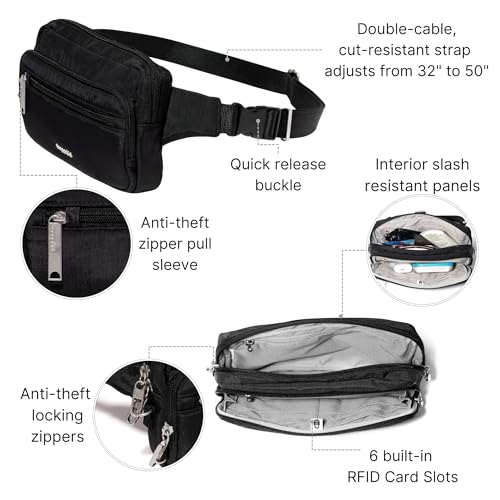 Baggallini Securtex Anti-theft Belt Bag 8.8"x5.5" Crossbody Fanny Pack for Women RFID Wallet Locking Zipper Travel Purse