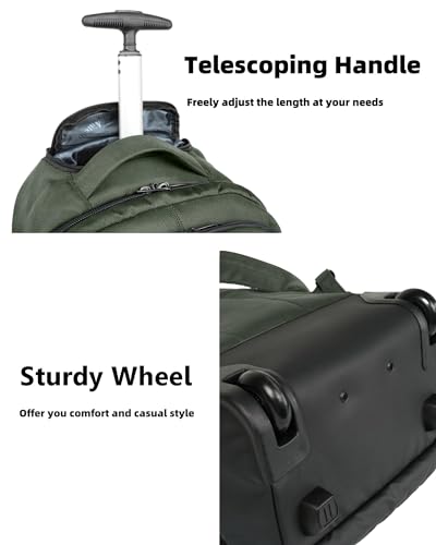 MATEIN Rolling Backpack, 17 Inch Travel Laptop Backpacks with Wheels, Water Resistant Large Roller Carry On Luggage Wheeled, Trolley Overnight Suitcase Business College Computer Bag, Green