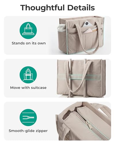 BAGSMART Tote Bag for Women Puffer 15.6 Inch Laptop Work Bag Large Purse Shoulder Handbag Crush Bow Tote with Insulated Lunch Bag for Travel Office Gym, Camel