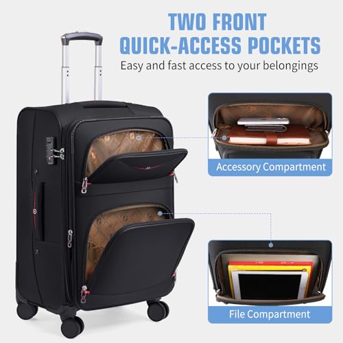 ROPLUS Softside Expandable Luggage with 4 Spinner Wheels, Durable Carry-On Luggage Suitcase (Black, 21-Inch)