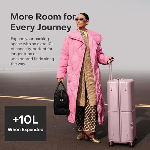 July Checked Plus Expandable - 28.75" Airline Approved Check In Luggage with Wheels, Rolling Suitcase for Men & Women - TSA Lock, Silent Spinner Wheels, Expansion Zip, Y-Strap - Blush Pink