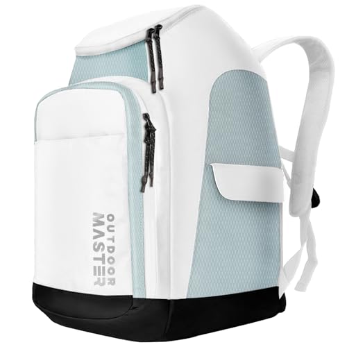 OutdoorMaster 50L Ski Boot Bag, Ski and Snowboard Boots Travel Backpack with separate compartments for Helmet, Ski Shoes, Goggles, Gloves, and Accessories, Splash proof Exterior & Bottom - White
