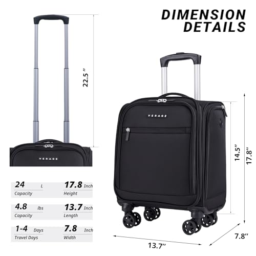 Verage Underseat Carry On Luggage with Wheels, 14.5-Inch Spinner Small Suitcase, Softside Lightweight Travel Bag for Men and Women, Airplane Carry On Bag, Black