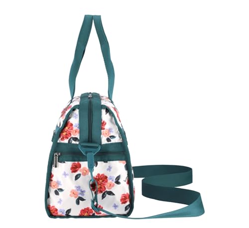LeSportsac Painterly Floral Deluxe Medium Weekender Crossbody Bag, Style 4318/Color H114, Dreamy Stylized Flower Blooms in Harmonious Shades of Raspberry, Peach & Lilac, Modern Classic Floral
