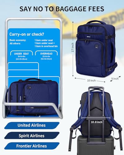 ECOHUB 17" Small Travel Backpack, United Airlines Personal Item Bag 17x10x9 with 16 Pockets, Water Resistant Rucksacks Fit 15.6" Laptop, AirTag Pocket, Lightweight Casual Daypack, 25L, Blue