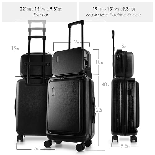 TRAVELARIM 20 Inch Carry On Luggage 22x14x9 Airline Approved, Carry On Suitcase with Wheels, Hard-shell Carry-on Luggage, Durable Luggage Carry-On, Black Small Suitcase with Cosmetic Case
