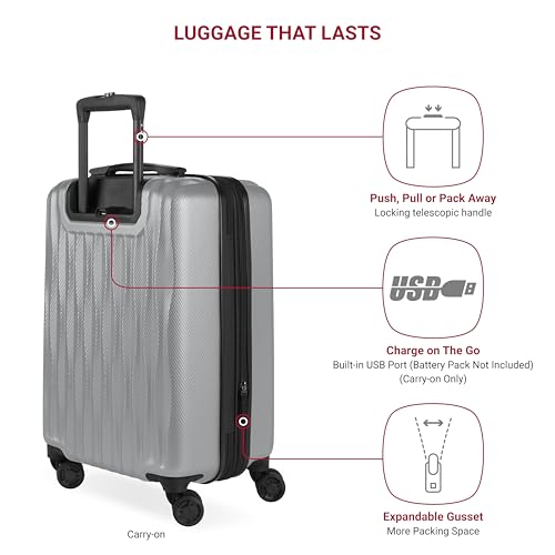 SwissGear 7272 Energie Hardside Expandable Luggage with Spinner Wheels, Silver, 3-Piece Set (19/24/27)