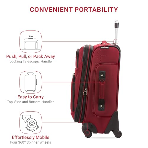 SwissGear Sion Softside Expandable Luggage – Carry-On Suitcase with 360 Degree Wheels & Retractable Handle – 21 Inch, Perfect for 1-3 Night Trips – Burgundy