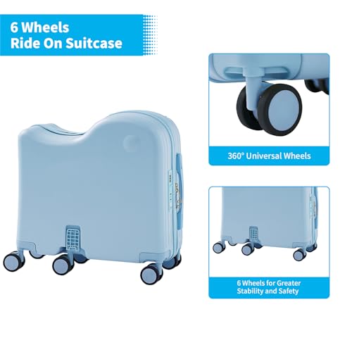 TABU Ride-on Luggage with Portable Bag for Kids，Hardshell Carry On Suitcase with Hidden Cup Holder, Foldable Pedal,Type-C & USB Interface, TSA Lock, 6-Spinner Wheels, Blue