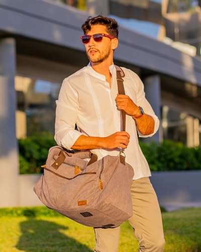 S-ZONE 65L Expandable Canvas Duffle Bag Travel Overnight Holdall Weekend Bag with Shoes Compartment Large Carry On Bag Tote Gym Bag for Men Women, Light Gray, X-Large, Travel Duffle