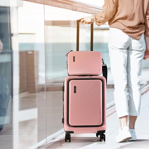 TRAVELARIM 20 Inch Carry On Luggage 22x14x9 Airline Approved, Carry On Suitcase with Wheels, Hard-shell Carry-on Luggage, Durable Luggage Carry-On, Pink Small Suitcase with Cosmetic Case