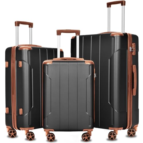 Merax Luggage Sets 3 Piece Hardshell 8 Spinner Wheels Lightweight Suitcase Corner Guards Travel Luggage (Black brown 20IN 24IN 28IN)
