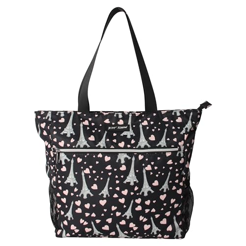 Betsey Johnson 15.6 Inch Zipper Beach Tote Bag with Cosmetic Pouch Lightweight Large Durable Polyester with Mesh Side Pockets for Gym Work, Paris Love