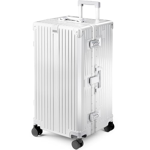 ALPHA CAMP Trunk Luggage, Large 28 Inch Thickened Aluminum Frame Luggage with TSA Spinner Wheels, 3-Layer PC Hardside Zipperless Travel Suitcase, Type-C USB Charging Port, Cup Holder,Silver