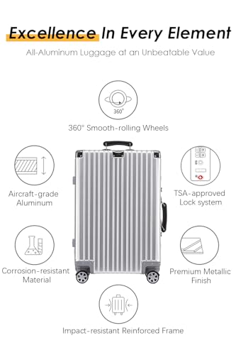 HotWay 20 Inch All Aluminum Carry On Luggage with Leather Handle, Hard Shell Zipperless Suitcase with TSA Locks and Spinner Wheels, Travel Luggage (22x14x9 Airline Approved), Gold